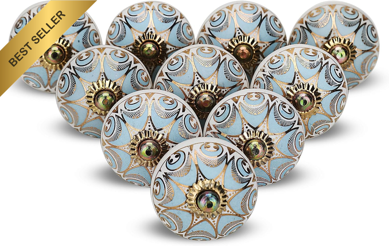 Blue Knobs for Cabinets and Drawers Handmade Gold Ceramic Dresser Pulls Kitchen
