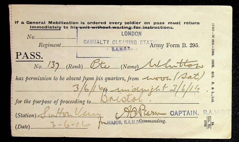 WWI British Army Pass Private Whitton 1916 Bristol Form B.295