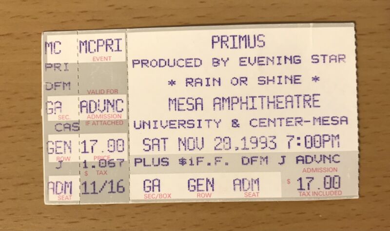 1993 PRIMUS / THE MELVINS MESA ARIZONA CONCERT TICKET STUB PORK SODA TOUR  BUZZ