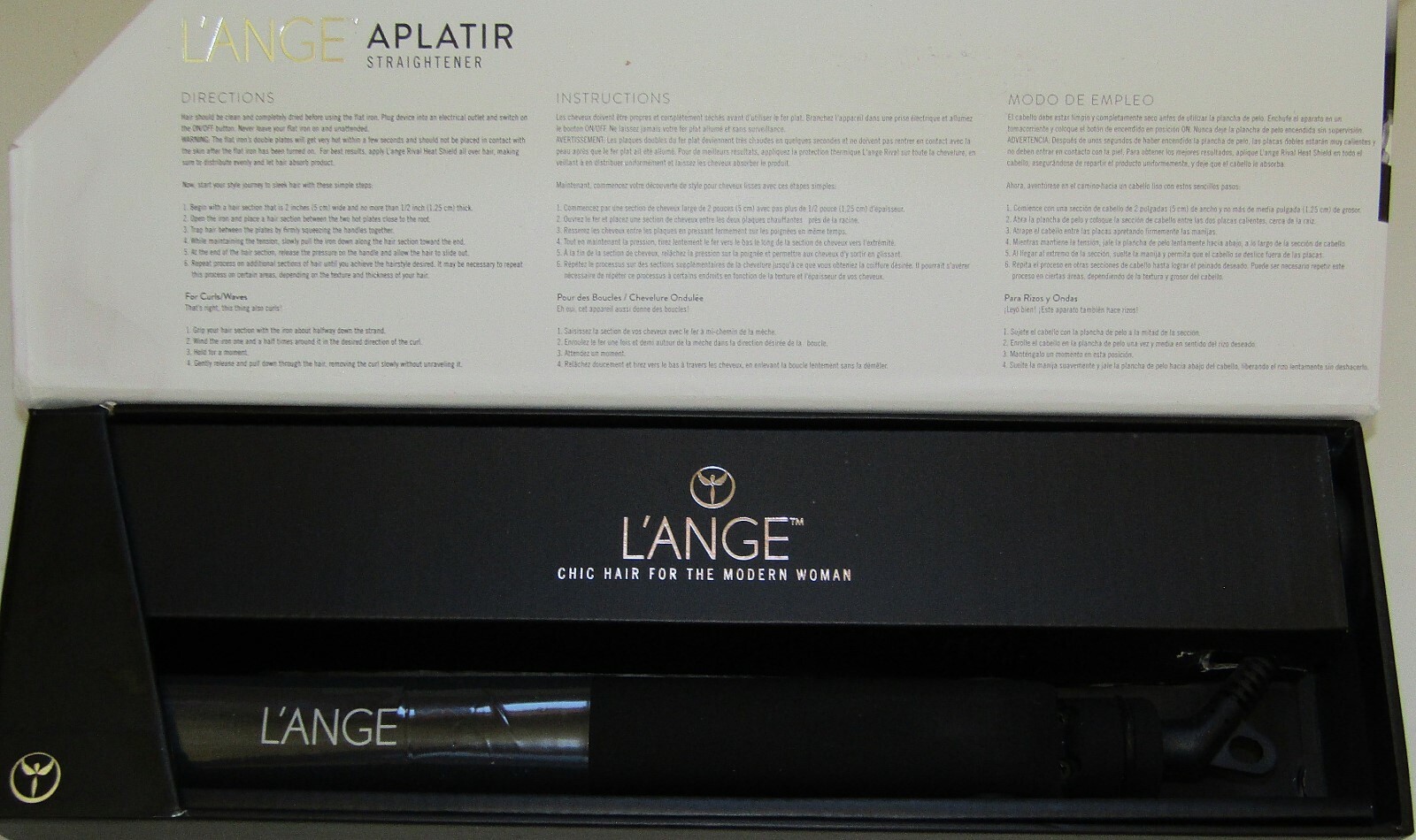 L'ange Lange Hair Aplatir Straightener Flat Iron Black NEW IN BOX 3-1/2X1 Plates