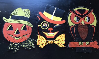 Vintage 1930s-40s Halloween HE LUHRS Diecuts ORIGINAL OWL CAT PUMPKIN EMBOSSED