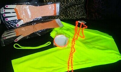 Raver, 80s Neon yellow leggings -M/L, thin headband, & orange fishnet gloves & .