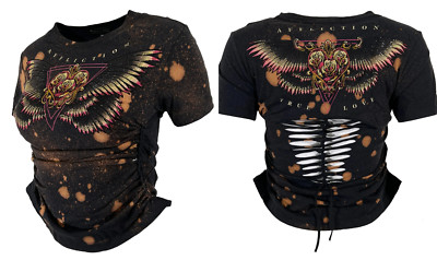 Affliction Women's Black Label CORTONA Rhinestone Rouched T-Shirt NWT