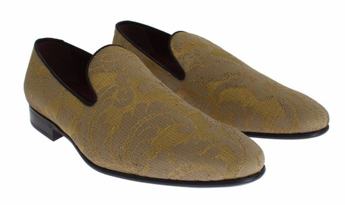 Pre-owned Dolce & Gabbana Dolce&gabbana Men Loafers Yellow Gold Silk Baroque Block Heels Slip On Shoes