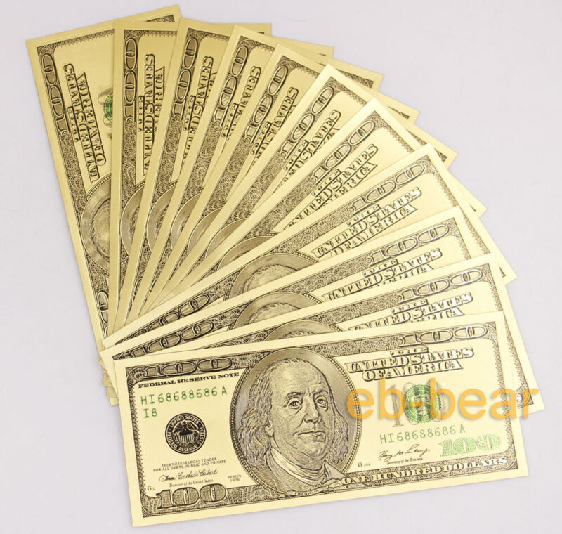 Lot 10 Pcs Color Gold 100 Dollars Banknotes Money Crafts Gift Very Beautiful New