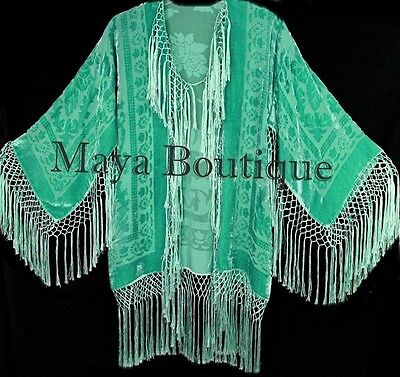 Pre-owned Maya Matazaro Lucite Green Kimono Silk Burnout Velvet Fringe Jacket Short  Usa