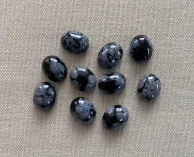 Vintage 10 Snowflake Obsidian Oval Cabochon Gemstones Stones 10 x 8 mm NOS
