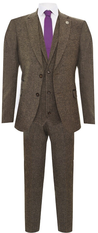 Pre-owned Truclothing Mens Oak Brown 3 Piece Tweed Suit Vintage Harringbone 1920s Retro Peaky Blinders