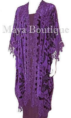 Pre-owned Maya Matazaro Purple Burnout Velvet & Lace Kimono Caftan Jacket Duster Maya Kimono