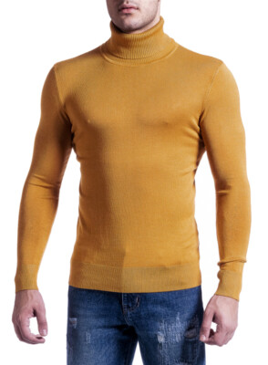 Maglione Dolcevita uomo giallo senape Slim fit aderente Stretch elasticizzato