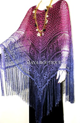 Pre-owned Maya Matazaro Crochet Poncho Shawl Top Hand Dyed Magenta Purple Ombree  One Size In Purple Magenta