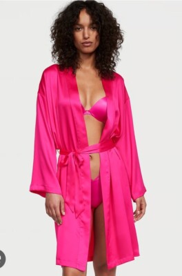 NEW Victoria Secret bright Pink sexy SILK robe L rare NWT, Gold Trim