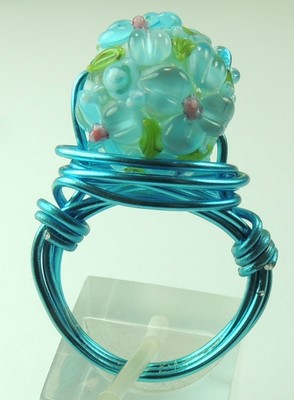 Wire Wrapped Turquoise Wire & Lampwork Floral Ring  handcrafted