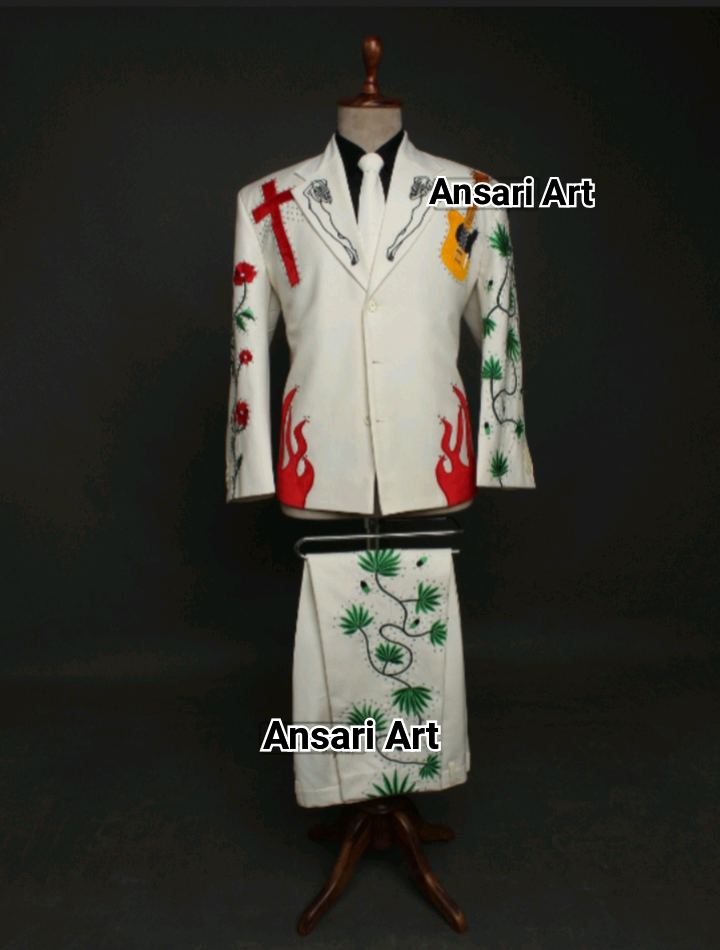Pre-owned Art Mens Designer Suit 2pc Country Western Suit Customized Floral Hand Embroidered In White