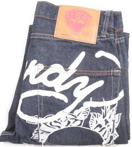 VTG Ed Hardy 2000s Y2K Dark Wash Blue Embroidery Skull Denim Baggy