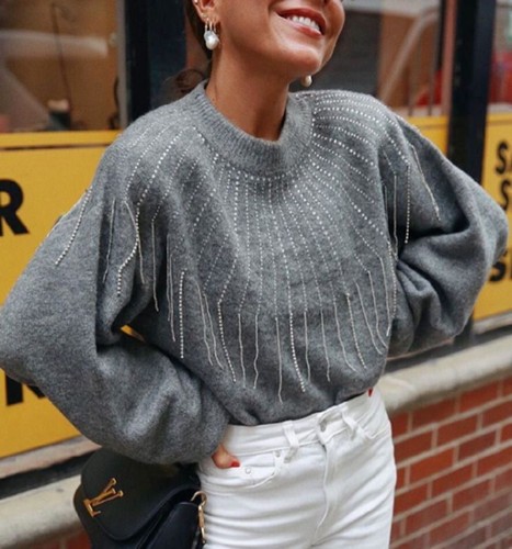 Zara AW18 Fringed Beaded Sweater Knitwear Grey Ref 9598/114