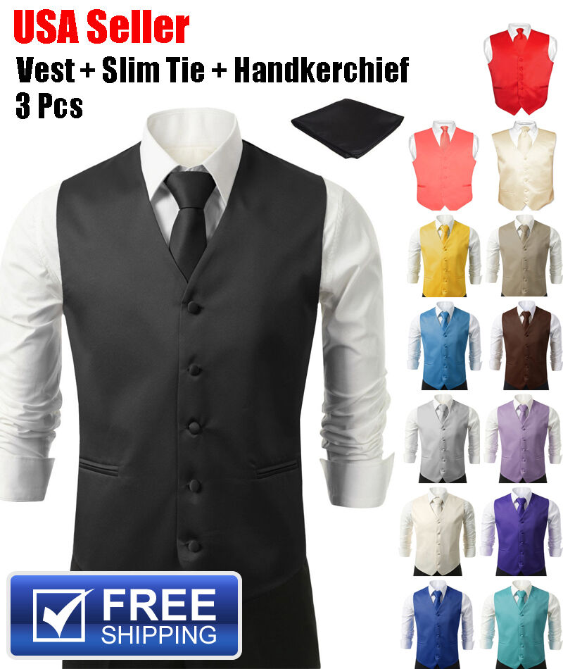 SET Vest Tie Hankie Fashion Men's Formal Dress Suit Slim Tux