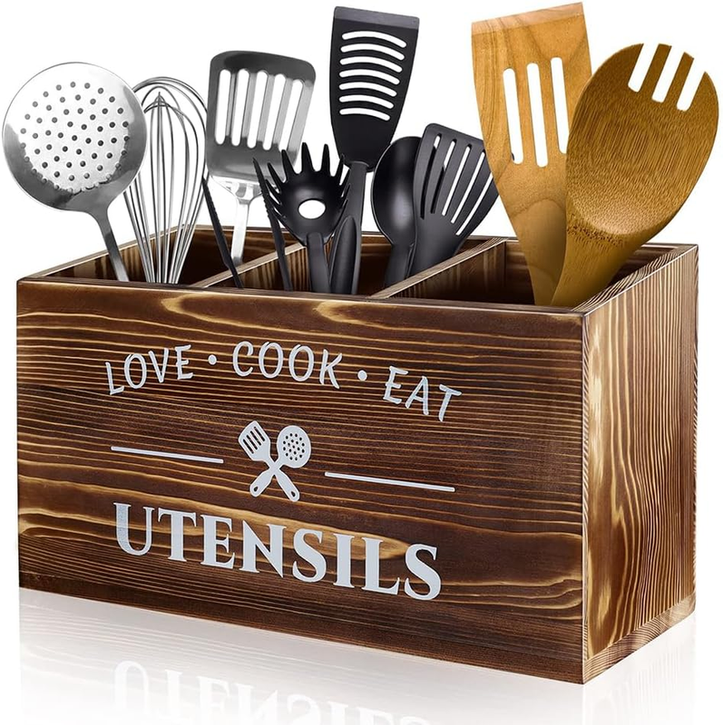 Wooden Kitchen Cooking Utensil Holder, Rustic Kitchen Utensil Storage Box, 3 Com