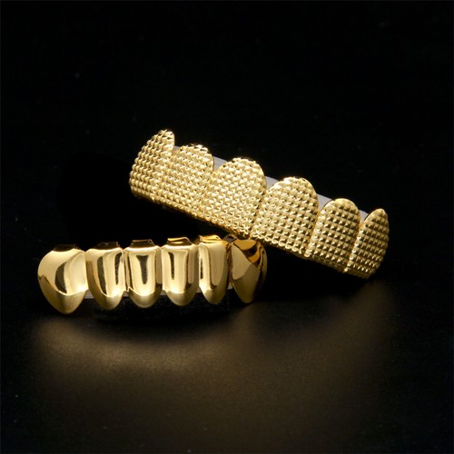 24K Gold Plated w/ Lattice Shape Hip Hop Teeth Grillz Top & Bottom Grill Set