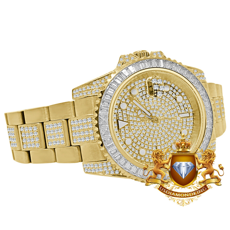 Pre-owned Usdiamondking Baguette Solid Steel 18k Yellow Gold Simulated Diamond Mens Watch 40mm W/date