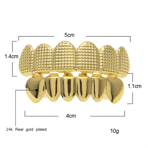 24K Gold Plated w/ Lattice Shape Hip Hop Teeth Grillz Top & Bottom Grill Set