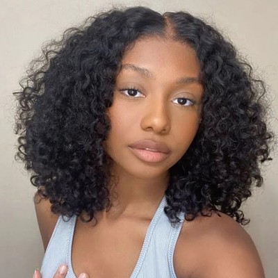Kinky Curly Glueless Human Hair LaceFront Wig PrePlucked Short Bob Ready To Wear