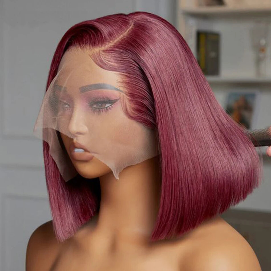Bone Straight Short Bob Wigs Burgundy 13X4 Lace Front Human