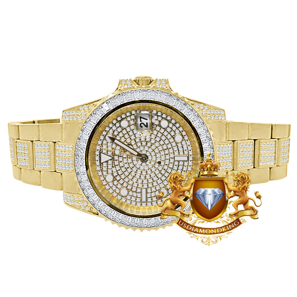 Pre-owned Usdiamondking Baguette Solid Steel 18k Yellow Gold Simulated Diamond Mens Watch 40mm W/date