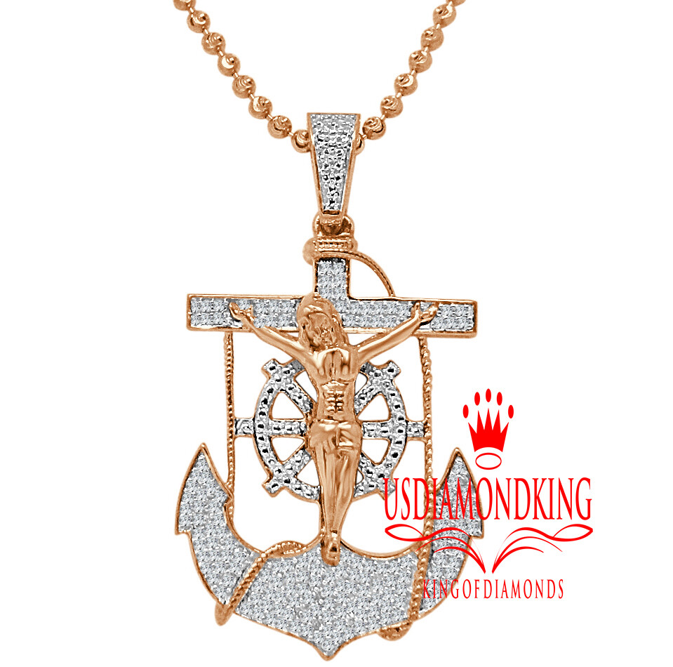 Pre-owned Us Diamond King Real Diamond Jesus Anchor Cross Crucifix Piece Rose Gold Pendant Charm Chain Set In H