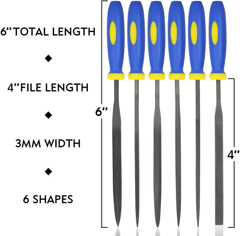 6 pcs Mini Needle File Set Rubber Grips Warding, Square, Triangular, Round, and 