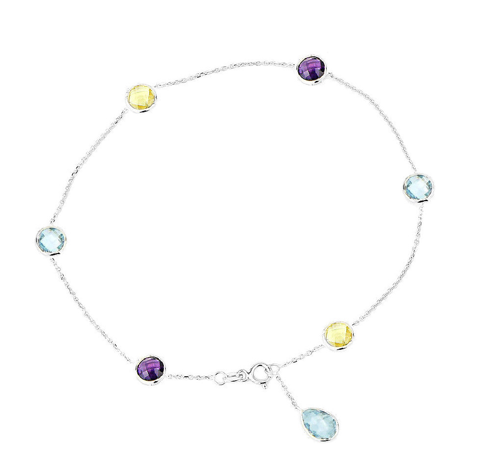 14K Yellow Gold Gemstone Anklet With Round and Pear Shaped Amethysts 10.5 Inches