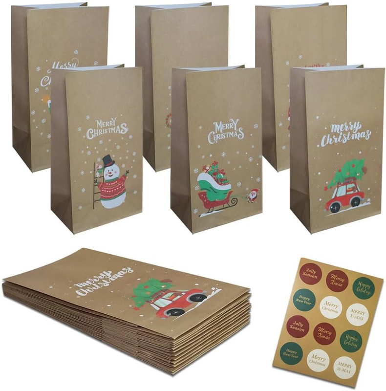 Gift Bags Christmas 24 Kraft Paper Bags to Fill and Advent Calendar 24 Stickers,