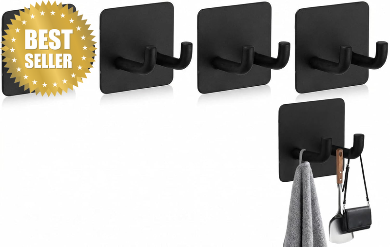 4-Pack Black Stainless Steel Elephant Trunk Double Hooks, 38G Self-Adhesive No-D