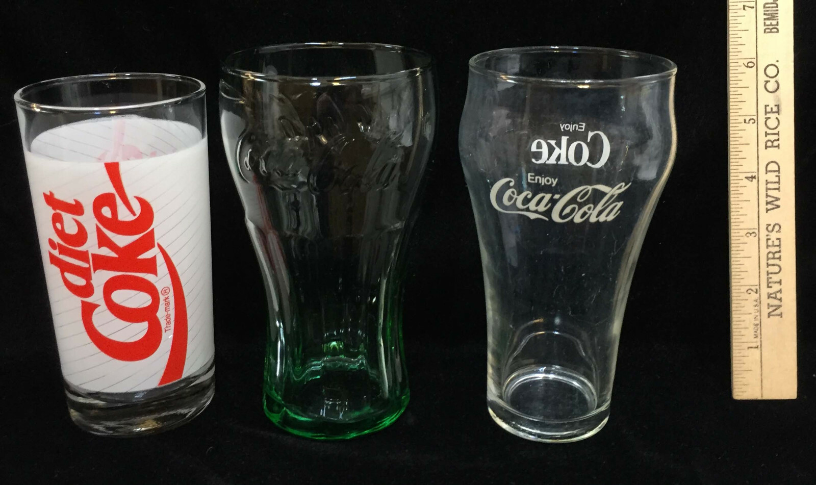 Coca Cola Glasses Lot 3 Diet Coke Green & Clear Glass Flared