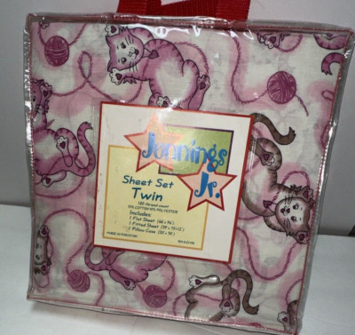 NIP Jennings Jr. Pink Brown White Tabby Kitty Cat Twin Size Sheet Set 3pc CUTE