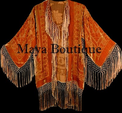Pre-owned Maya Matazaro Orange Kimono Silk Burnout Velvet Fringe Jacket Short  Made In Usa