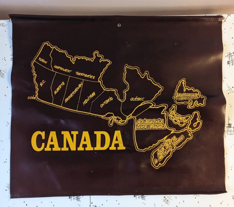 Vintage Vinyl Map Of Canaday Wall Mount Flag Burgundy and Yellow 19.5"x16.5"
