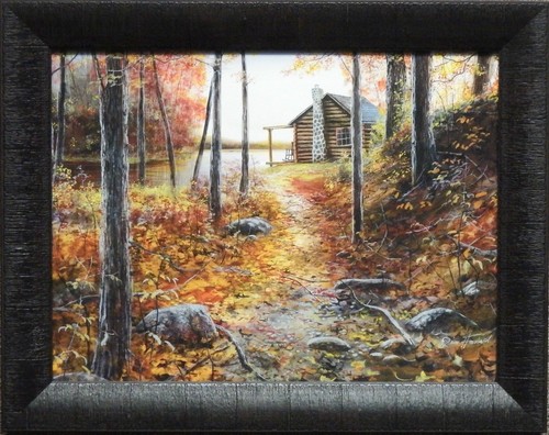 Jim Hansel Whispers of Autumn Cabin Autumn Leaves Framed in Glass 19 x 15