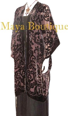 Pre-owned Maya Matazaro Coco Brown Art Nouveau Caftan Kimono Fringe Duster Burnout Velvet