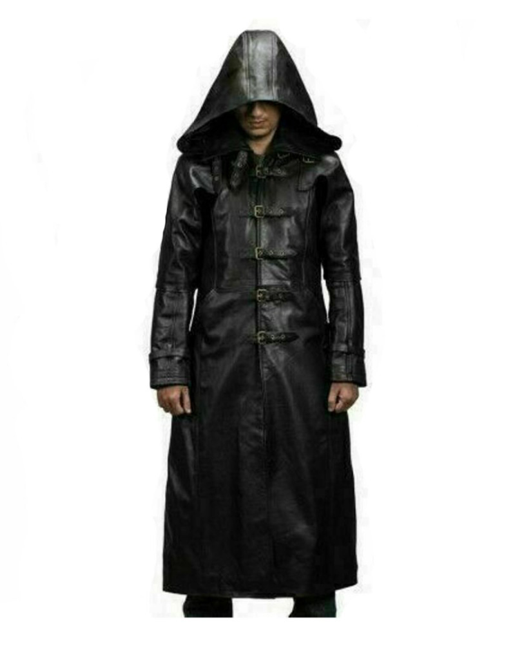 Pre-owned Leather Plush Mens Genuine Black Cowhide Leather Trench Coat Jacket Winter Long Coat With Hood