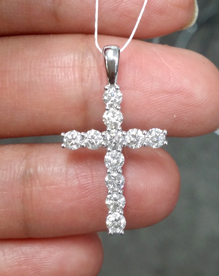 Pre-owned Handmade Deal 1.00ct Genuine Round Diamonds Cross Pendant In 14k Gold 27mm In White