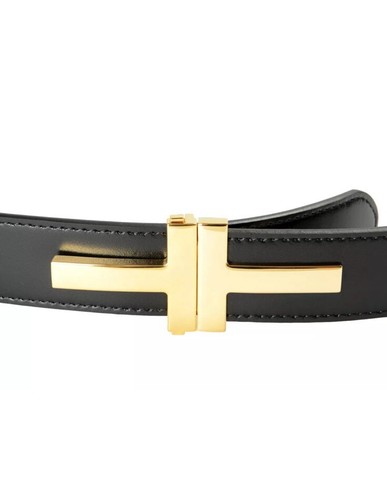 TOM FORD $990 TOM FORD MEN’S BLACK LEATHER GOLD METAL T-BUCKLE DECORATED BELT 34”/85CM