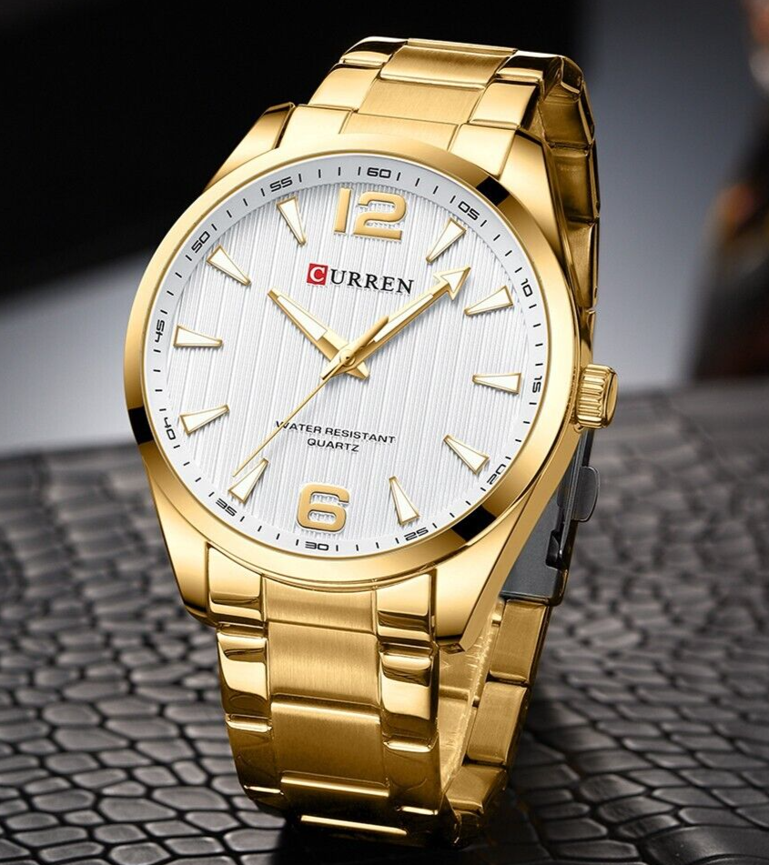 Orologio Da Polso Curren 8434 Uomo Analogico Quarzo Business Oro Bianco lac