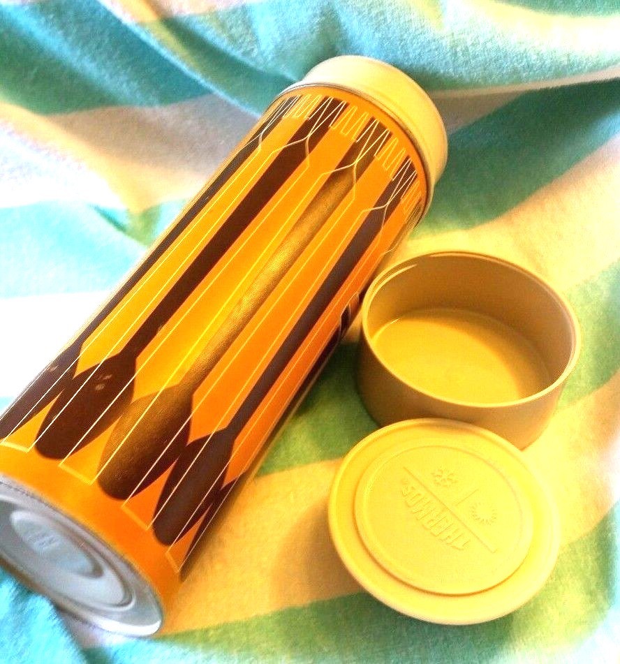 King Seeley Thermos Orange & Brown Metal Thermos With Cup & Stopper 1971 Vintage