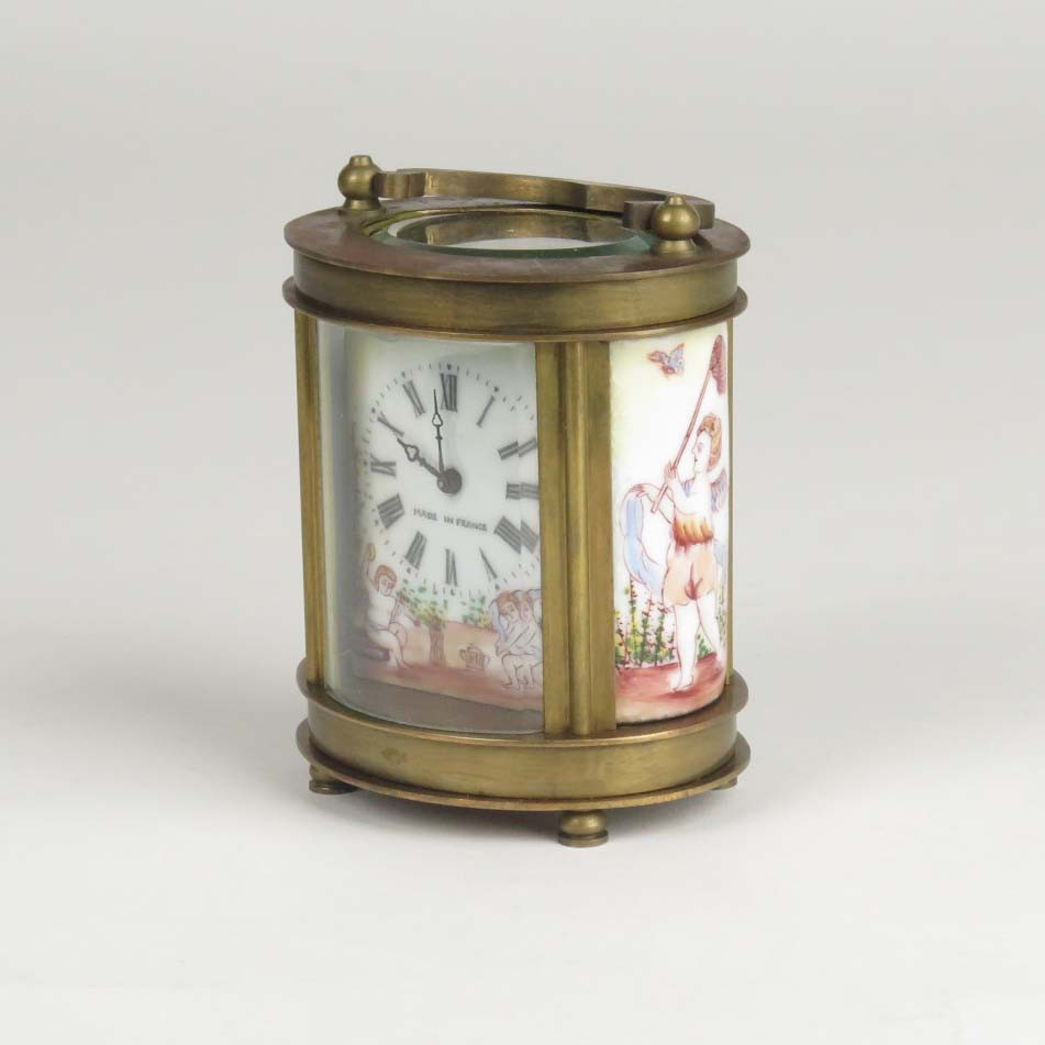 Antique French carriage clock brass miniature painted porcelain