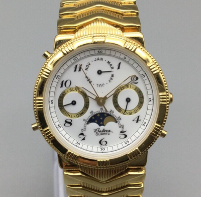 Vintage Bulova Moon Phase Watch Unisex 33mm Gold Tone Calendar 1991 New Battery