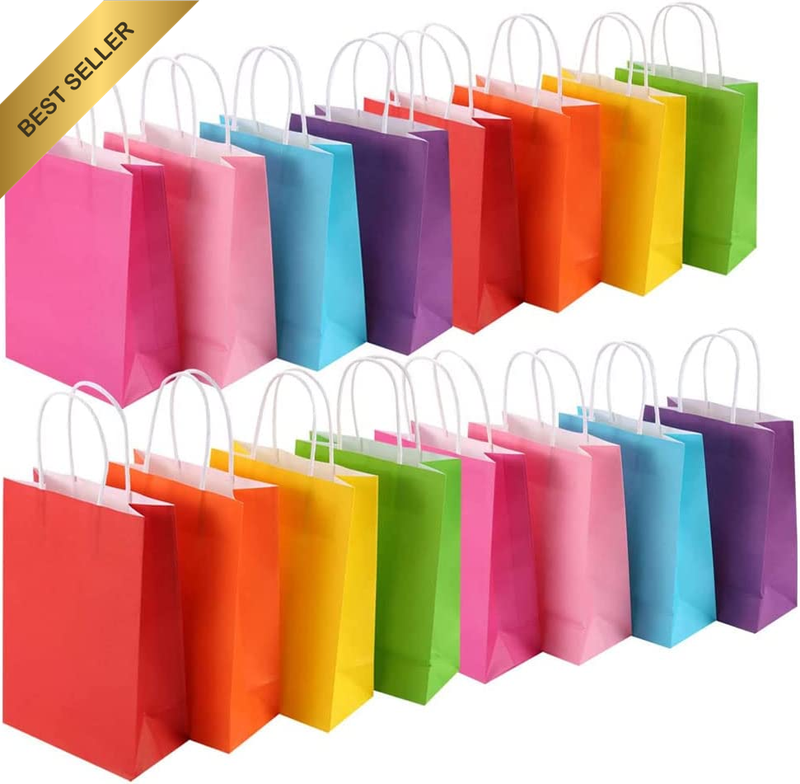 24 Piece Kraft Paper Party Favor Bags, 8 Colors Gift Bags Bulk with Handles for