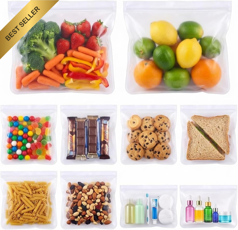 10 Pack Reusable PEVA Food Storage Bags Leakproof Freezer BPA Free | Extra Thick