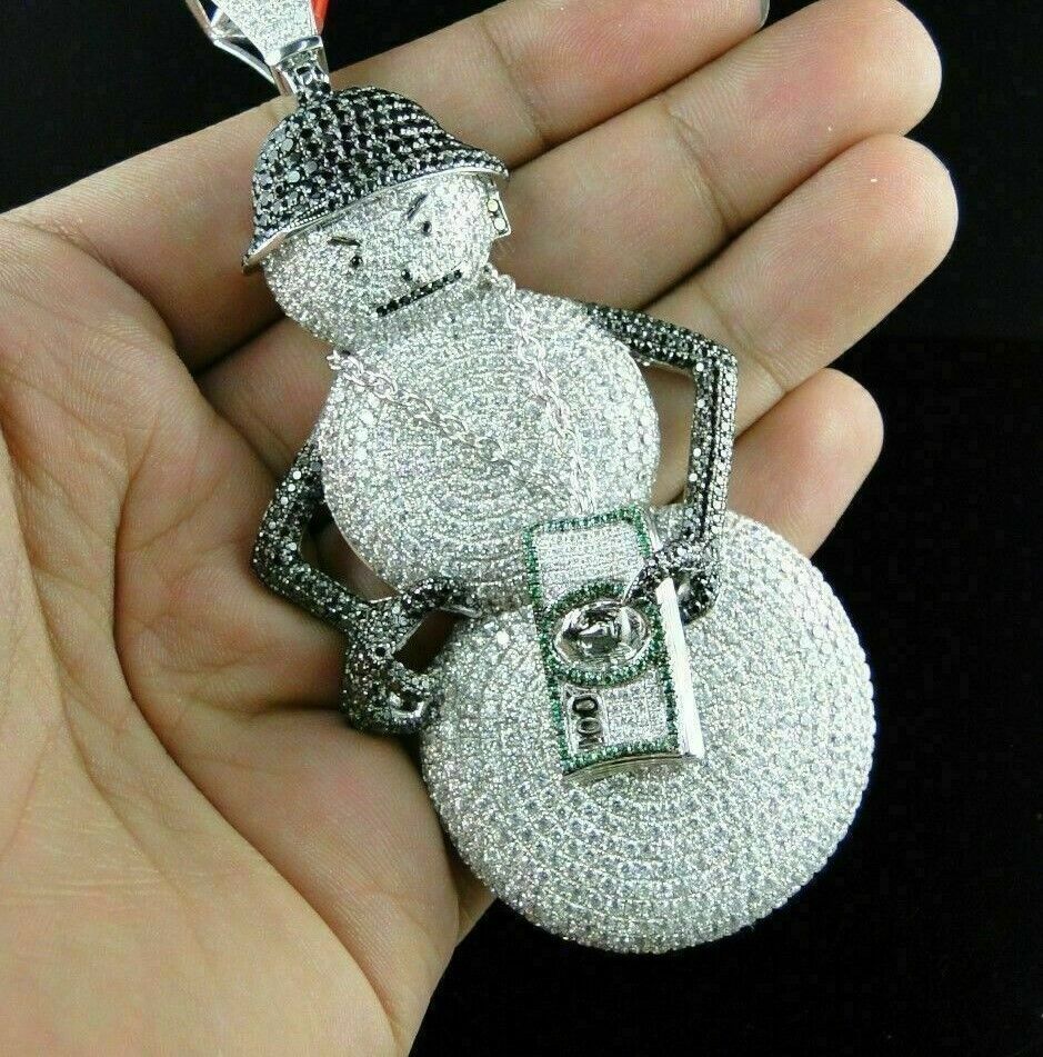 Pre-owned Online0369 2 Ct Rd White Cubic Zirconia Mens Snowman Money Bag Pendant 925 Over Silver
