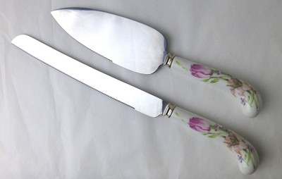 Porcelain handle cake knife & server pastel tulip pattern Sheffield Stainless